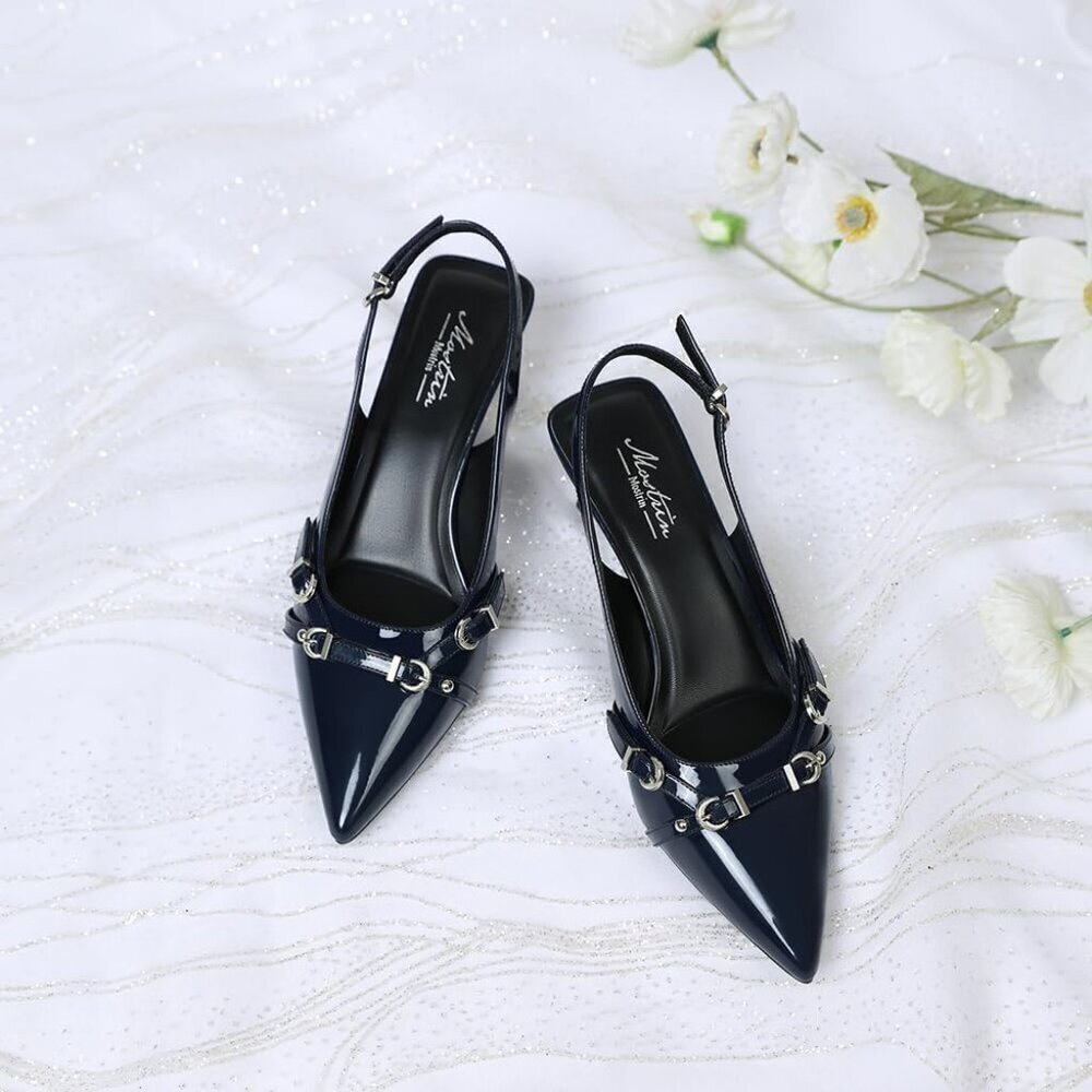 Women's Navy Blue Pointed Toe Pumps Patent Leather Slingback Heels With Buckle - Picture 2 of 9